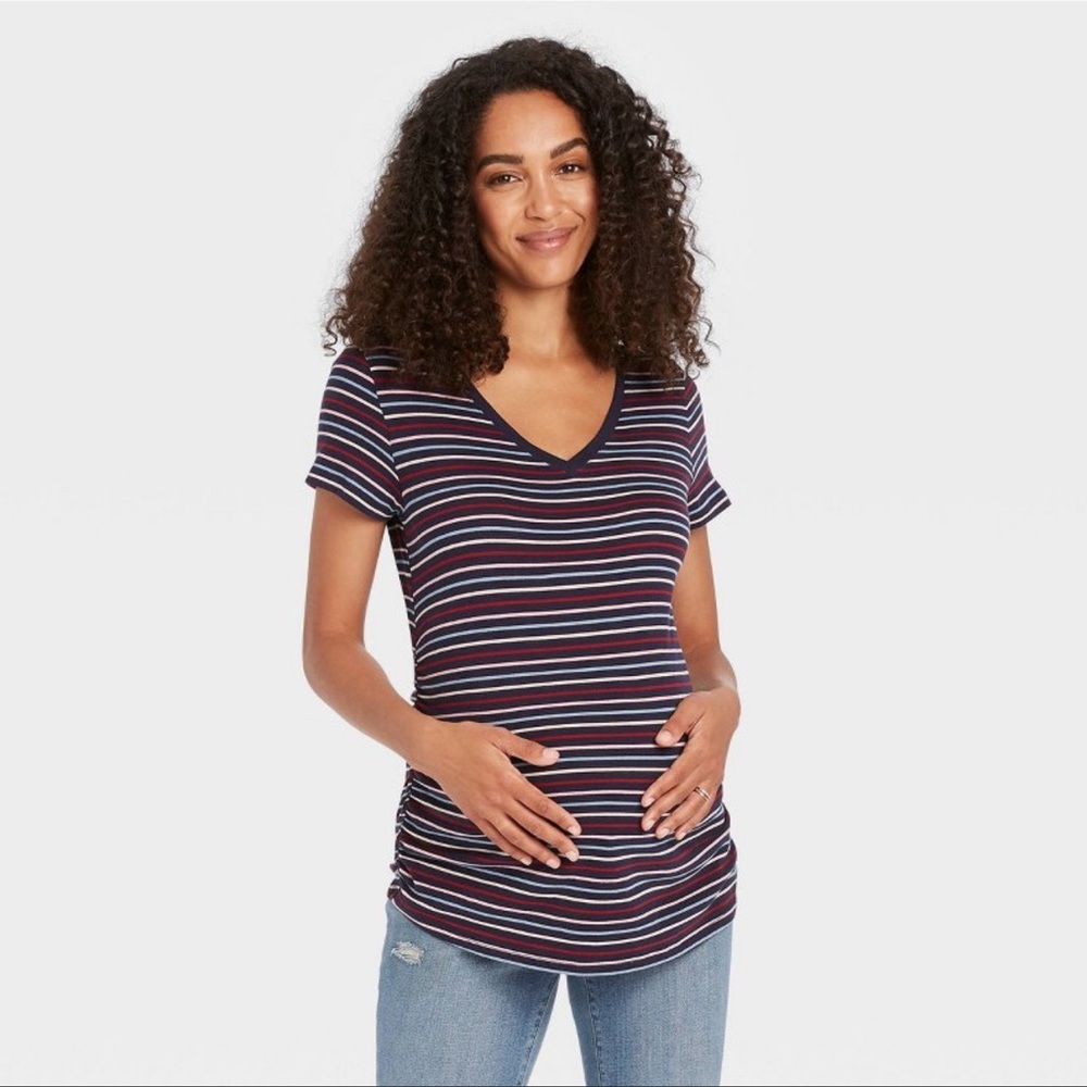2/$20   Isabel Maternity Short Sleeve V-Neck Side Shirred Maternity T-Shirt
